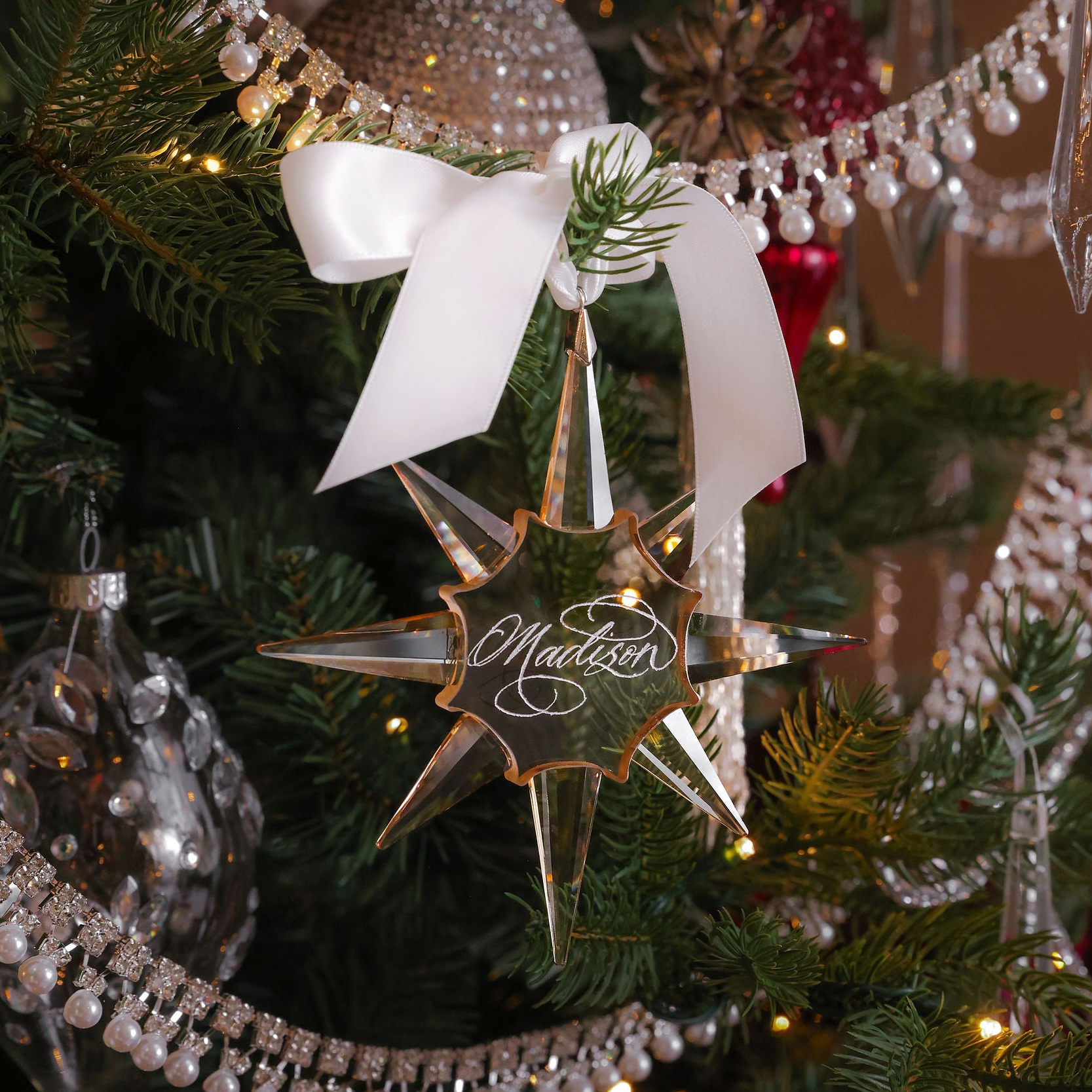 Opulent Calligraphy star crystal ornament with personalised engraving